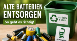 Alte Batterien entsorgen: Leere Batterien in einer Sammelbox für das Recycling