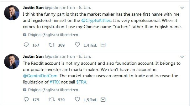 Tweets von Justin Sun am 6. Januar